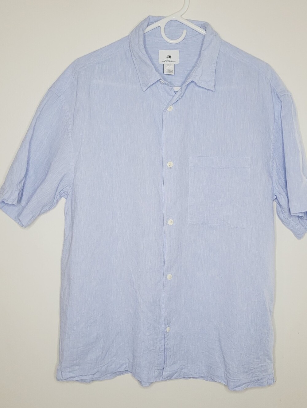 H&M Shirt Textured Linen Blend Light Men's Medium Blue Fabric Patch Pocket Gorp